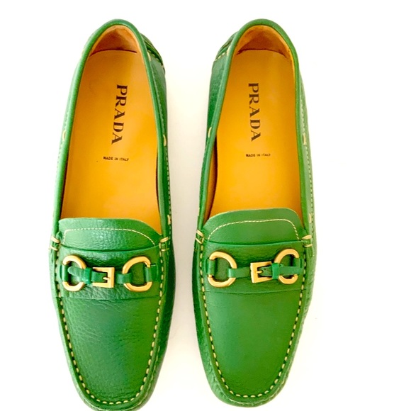 Prada Shoes - Prada green pebbled leather driving shoes loafers
